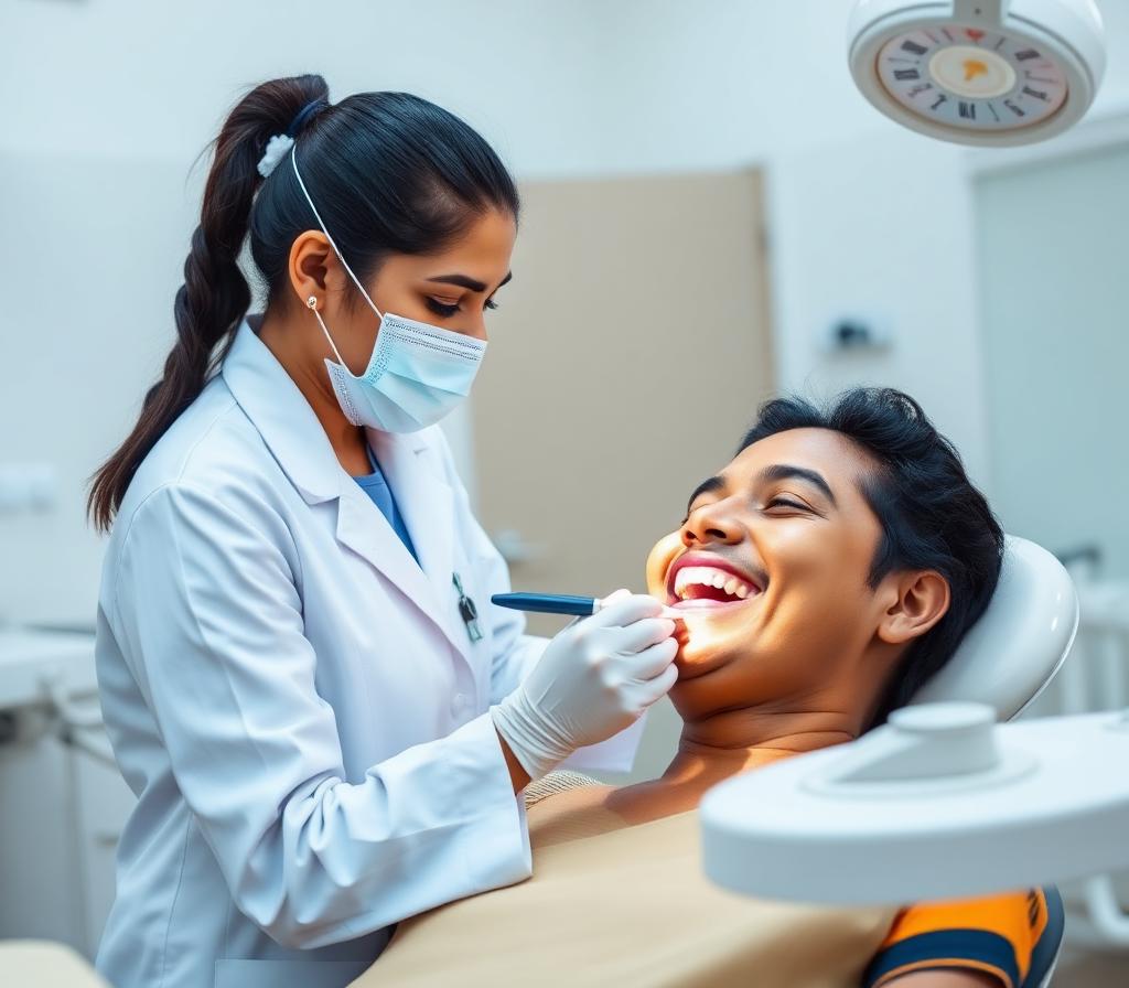 Indian dentist performing routine dental examination