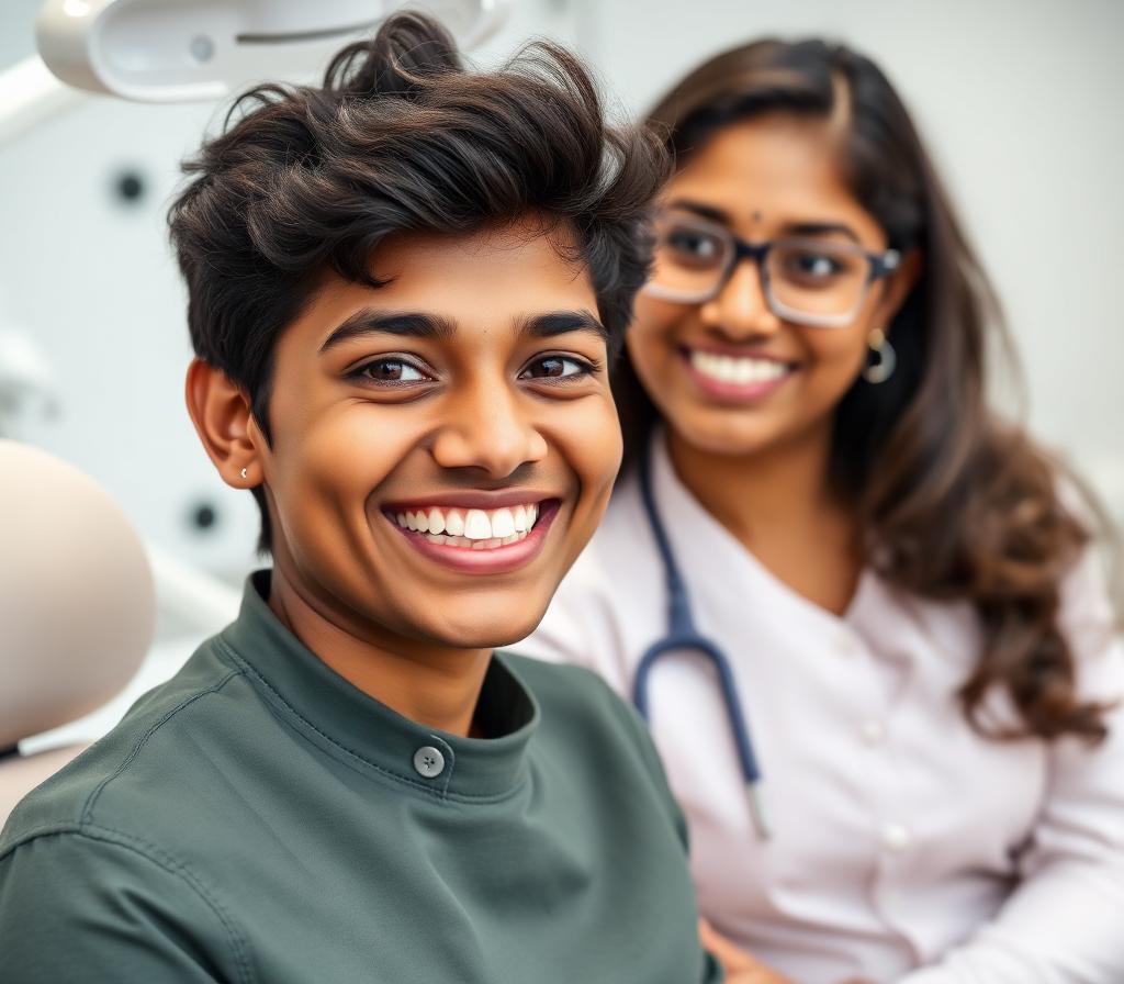 Indian patient with braces consulting dentist