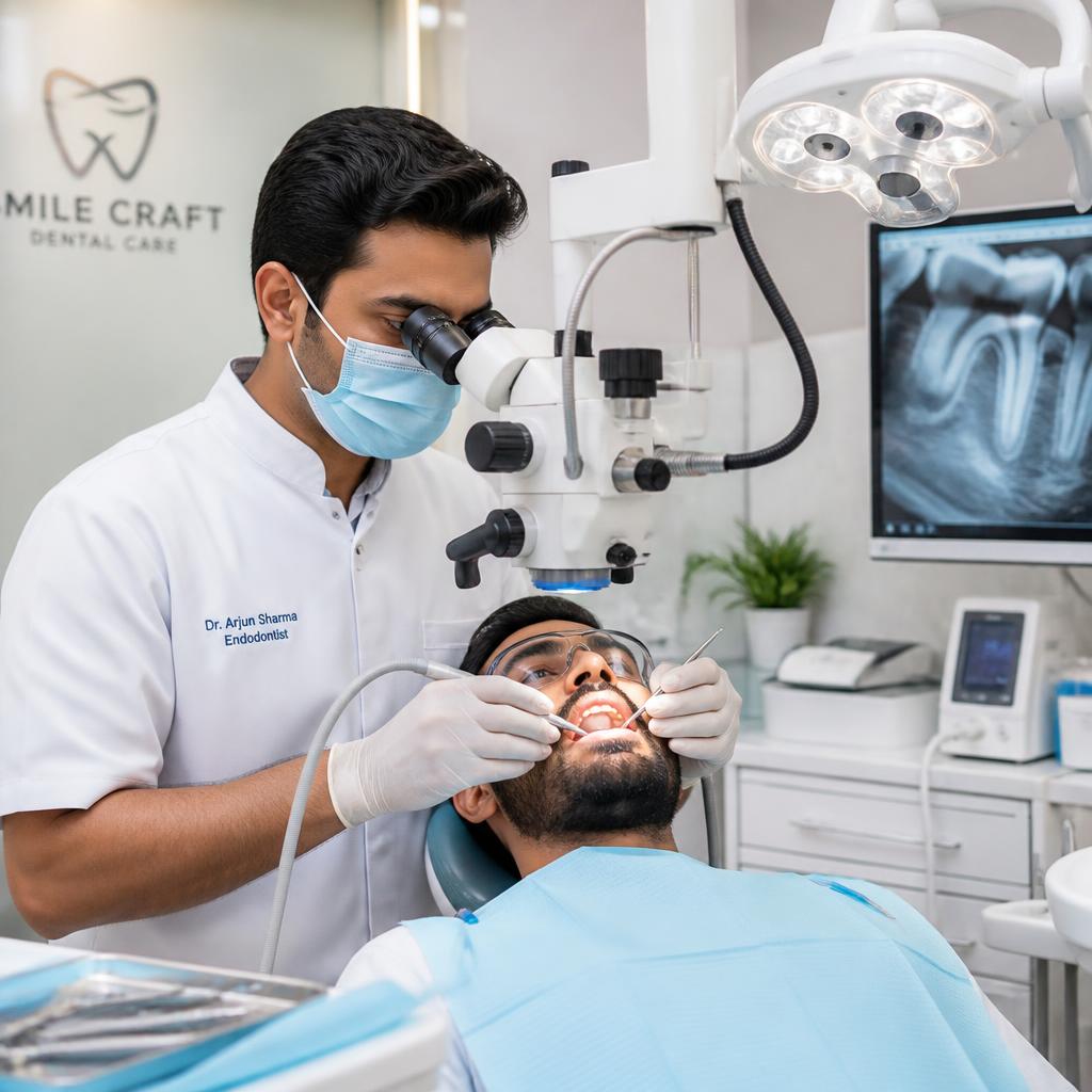 Experienced Indian dentist performing a root canal procedure using modern dental equipment