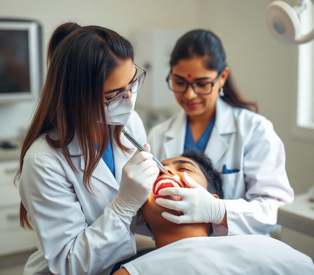 Indian dentist performing root canal with modern equipment